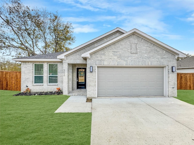 ranch-style home featuring a front yard, fence, concrete driveway, a garage, and brick siding