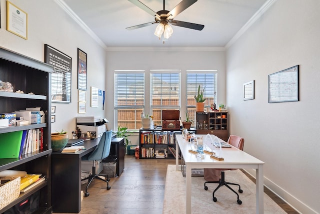 home office with ceiling fan, ornamental molding, and wood-type flooring