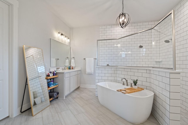 bathroom with vanity, plus walk in shower, and tile walls