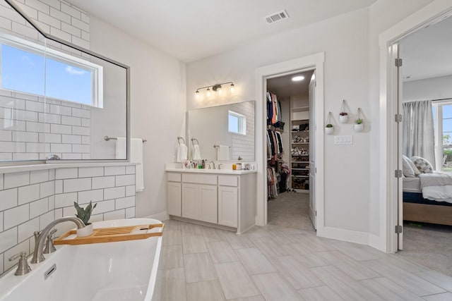 bathroom featuring vanity and a washtub