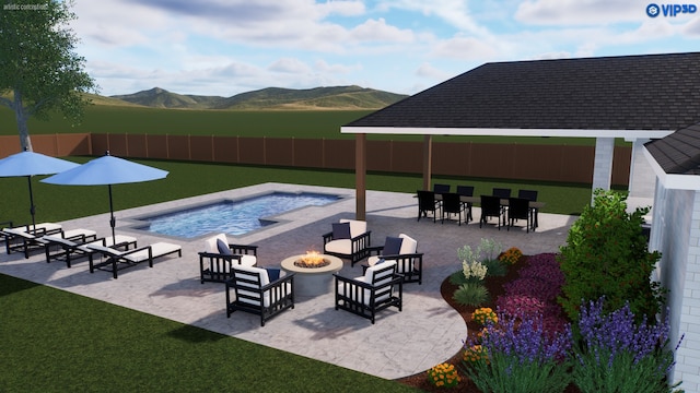 view of pool featuring an outdoor fire pit, a mountain view, and a patio area