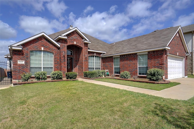 view of front of house featuring a front lawn and a garage