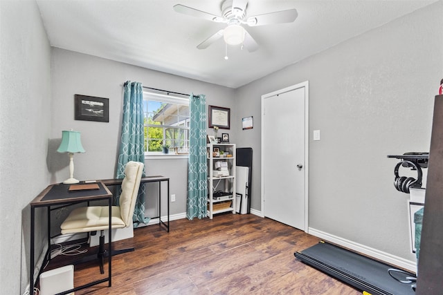 home office with ceiling fan and dark hardwood / wood-style floors