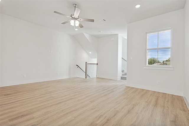 unfurnished room featuring recessed lighting, ceiling fan, visible vents, light wood-style flooring, and baseboards