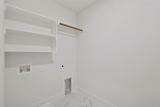 washroom with hookup for a washing machine, laundry area, hookup for an electric dryer, marble finish floor, and baseboards