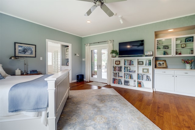 bedroom featuring access to exterior, french doors, ceiling fan, crown molding, and dark hardwood / wood-style floors