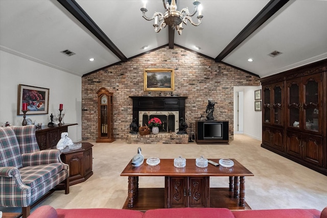 carpeted living room featuring vaulted ceiling with beams, ornamental molding, brick wall, and a chandelier