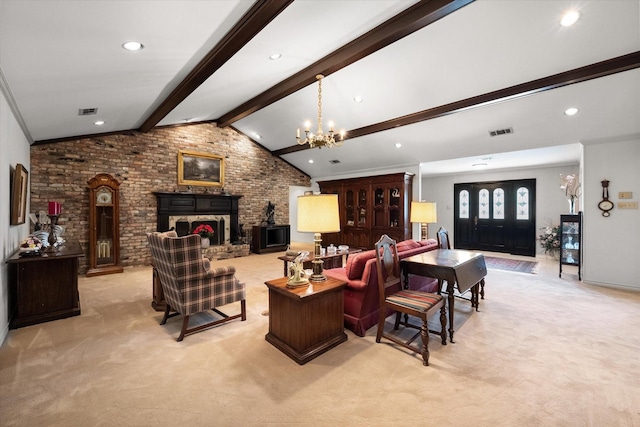 carpeted living room featuring lofted ceiling with beams, crown molding, a notable chandelier, and brick wall