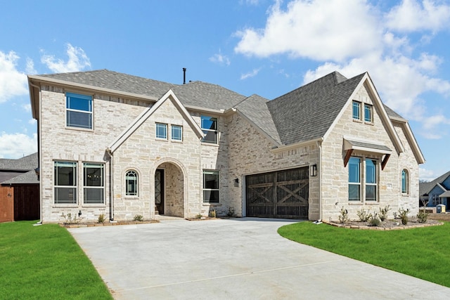 2302 Prosper Way, Mansfield, TX 76063 - french country style house featuring stone siding, a front yard, concrete driveway, and a garage