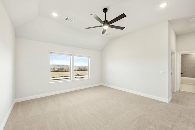 2302 Prosper Way, Mansfield, TX 76063 - unfurnished room with vaulted ceiling, a ceiling fan, baseboards, light colored carpet, and visible vents