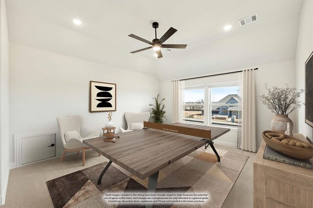 2302 Prosper Way, Mansfield, TX 76063 - office space featuring visible vents, ceiling fan, recessed lighting, lofted ceiling, and light colored carpet