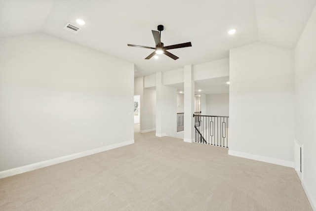 2302 Prosper Way, Mansfield, TX 76063 - unfurnished room with baseboards, recessed lighting, a ceiling fan, vaulted ceiling, and light colored carpet