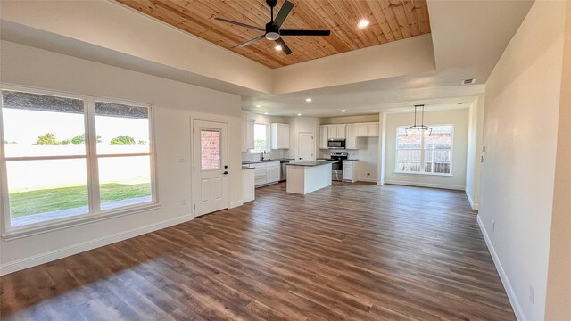 unfurnished living room featuring dark hardwood / wood-style flooring, wood ceiling, a tray ceiling, ceiling fan, and sink