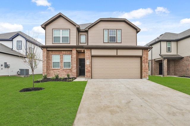 view of front facade featuring a front lawn, central air condition unit, and a garage