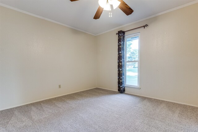 spare room featuring ornamental molding, carpet floors, and ceiling fan