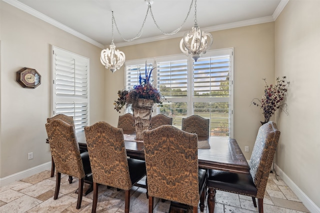 dining area with a wealth of natural light, crown molding, and a notable chandelier