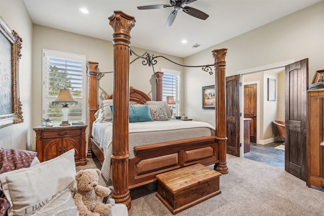 bedroom with light colored carpet and ceiling fan