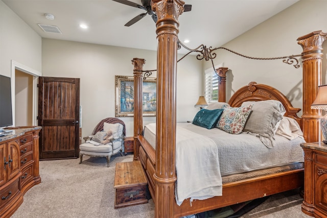 bedroom with light colored carpet and ceiling fan