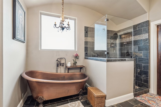 bathroom featuring independent shower and bath, vaulted ceiling, and an inviting chandelier