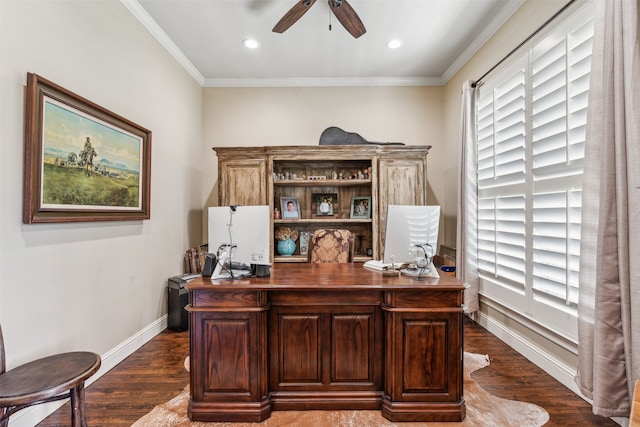 office space with crown molding, ceiling fan, and dark hardwood / wood-style floors