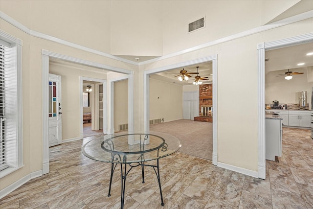 interior space featuring light colored carpet