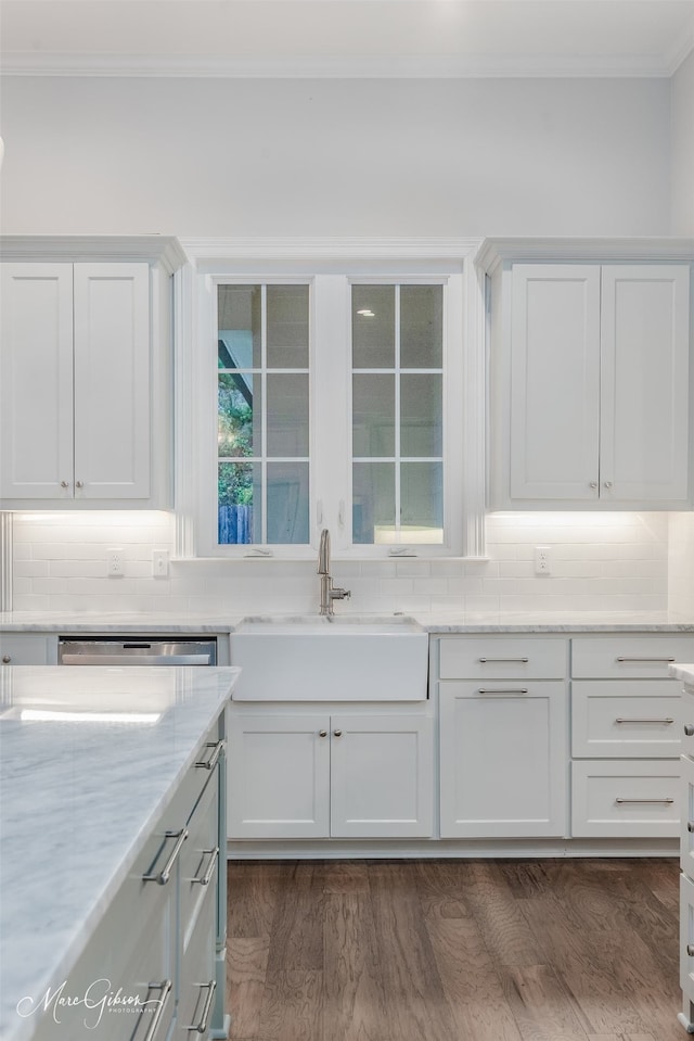 kitchen with light stone counters, sink, white cabinets, and dark wood-type flooring