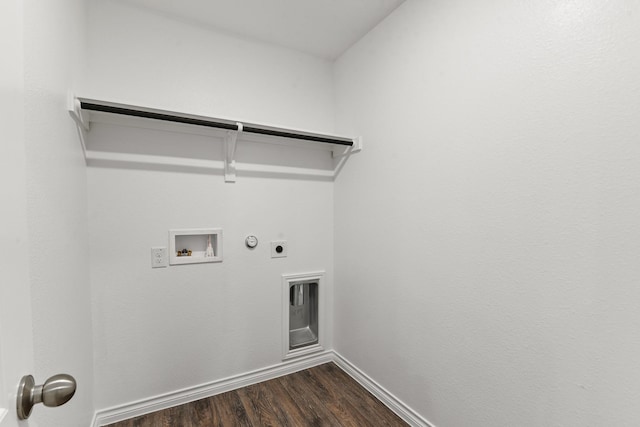 clothes washing area featuring hookup for a washing machine, electric dryer hookup, hookup for a gas dryer, and dark wood-type flooring