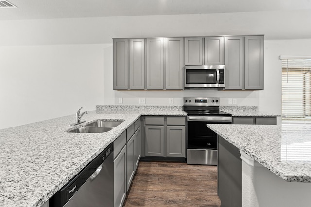 kitchen featuring light stone counters, stainless steel appliances, dark wood-type flooring, and sink