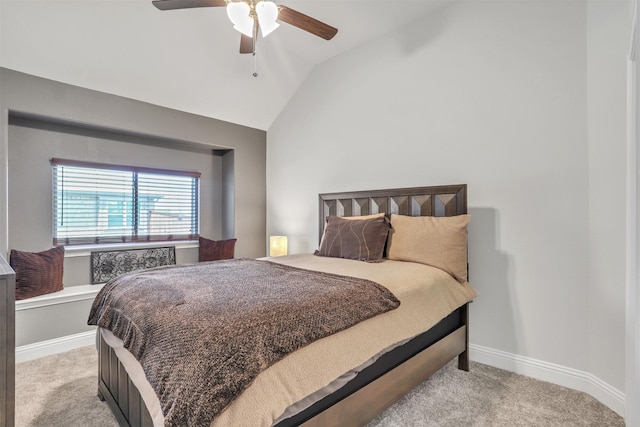 bedroom with light carpet, ceiling fan, and vaulted ceiling