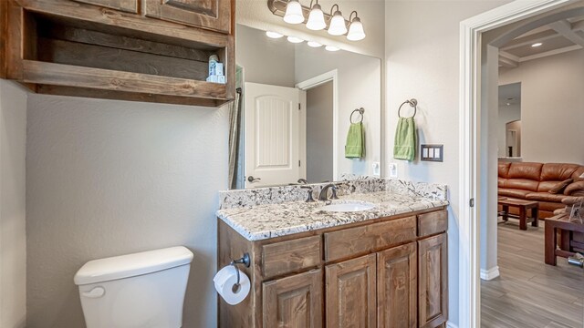 bathroom with vanity, wood-type flooring, toilet, and coffered ceiling