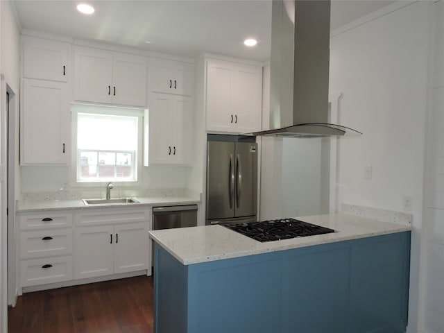 kitchen with dark hardwood / wood-style flooring, white cabinets, wall chimney exhaust hood, sink, and appliances with stainless steel finishes