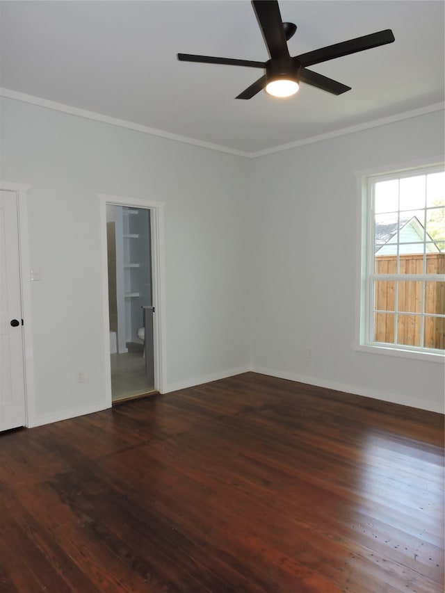 unfurnished room with ceiling fan, hardwood / wood-style flooring, and ornamental molding