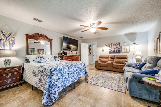 bedroom with ceiling fan, a textured ceiling, and visible vents