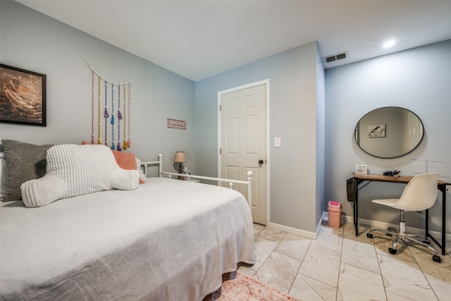 bedroom with recessed lighting, marble finish floor, visible vents, and baseboards