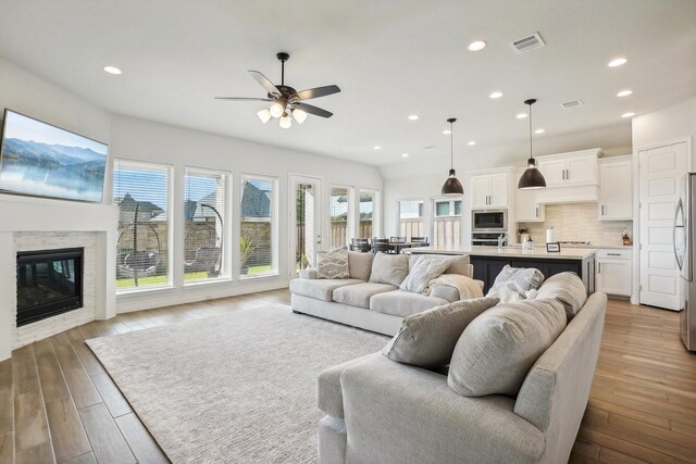 living room featuring ceiling fan and wood-type flooring