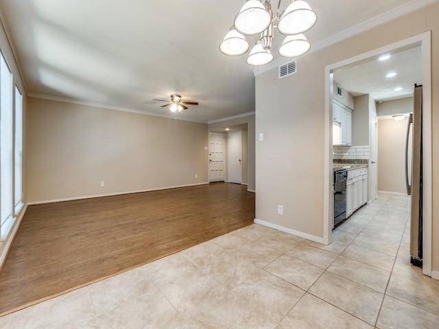 interior space featuring ceiling fan with notable chandelier, light wood-type flooring, and crown molding