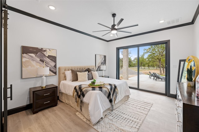 bedroom featuring access to exterior, crown molding, light wood-type flooring, and ceiling fan