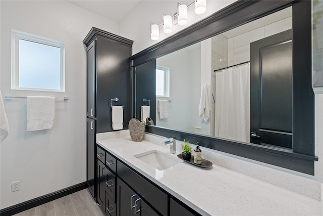 bathroom with wood-type flooring, a wealth of natural light, and vanity