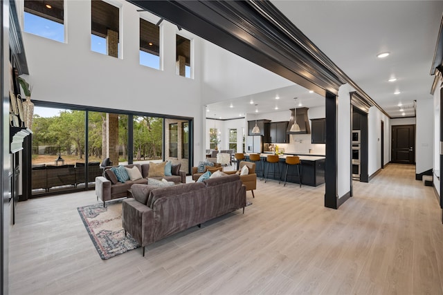 living room featuring ornamental molding, plenty of natural light, and light hardwood / wood-style floors