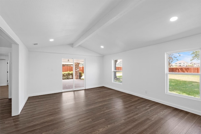 unfurnished living room with lofted ceiling with beams and wood-type flooring