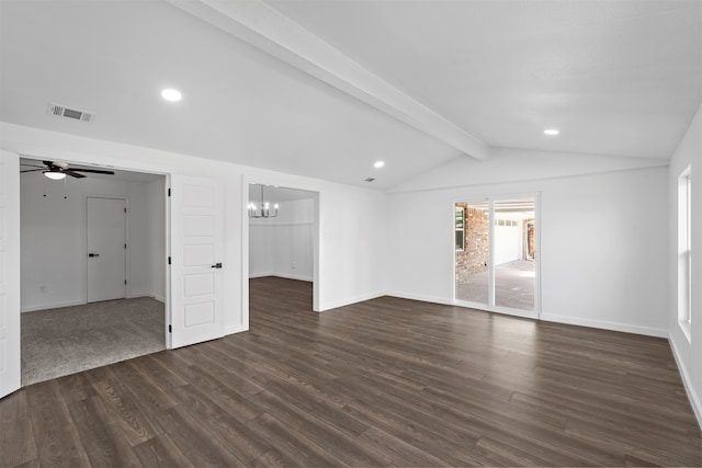 unfurnished room with lofted ceiling with beams, ceiling fan with notable chandelier, and wood-type flooring