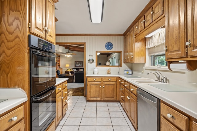 kitchen with sink, light tile patterned floors, dishwasher, ceiling fan, and double oven