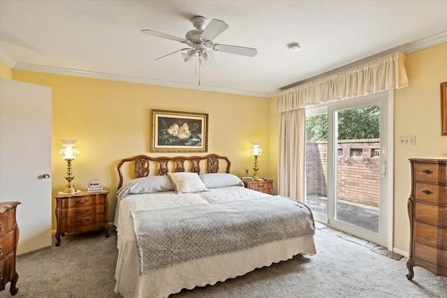 bedroom with crown molding, access to exterior, carpet floors, and ceiling fan