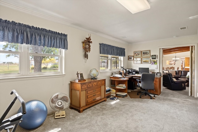 office area with carpet flooring, a notable chandelier, and ornamental molding