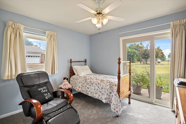 bedroom featuring carpet floors, ceiling fan, and access to exterior