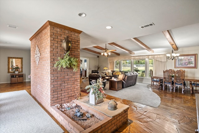 living room with brick wall, beam ceiling, and ceiling fan with notable chandelier