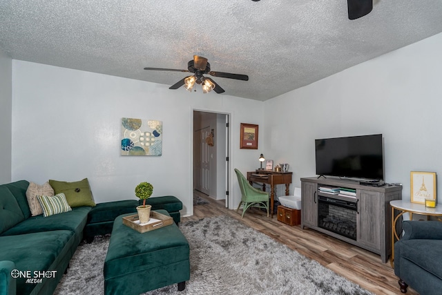 living room with wood-type flooring, a textured ceiling, and ceiling fan