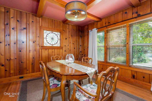 dining room featuring beam ceiling, wood-type flooring, and wooden walls