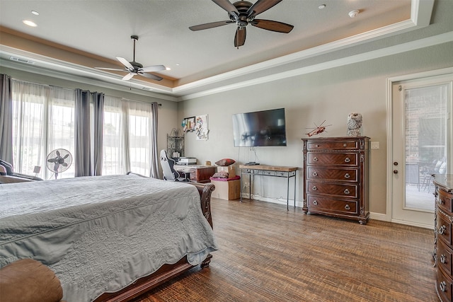 bedroom featuring access to exterior, a tray ceiling, and ceiling fan