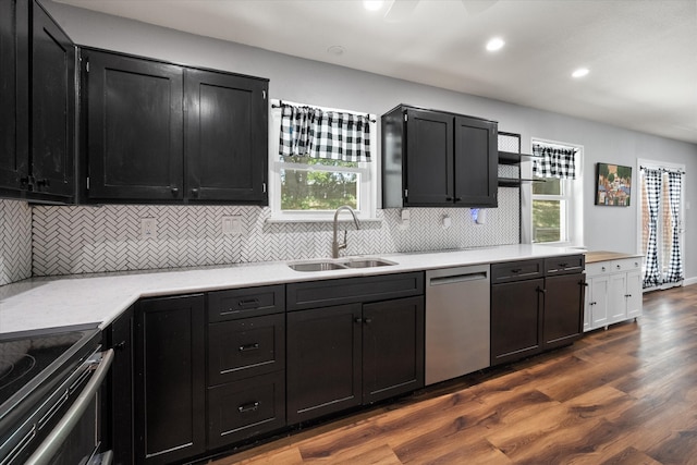 kitchen featuring plenty of natural light, stainless steel dishwasher, sink, and dark hardwood / wood-style flooring